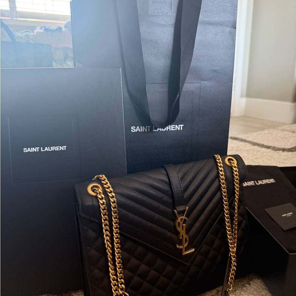 Saint Laurent Black Quilted Envelope Shoulder Bag Large with Gold Chain